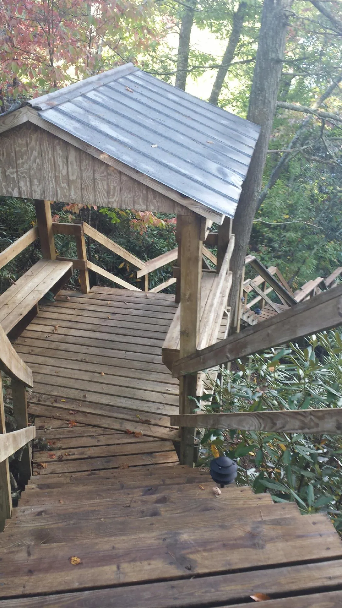 Metal roofed shelter over wooden steps on a wooded walkway — Skylight Repair & Installation work by our crew in Avoca
